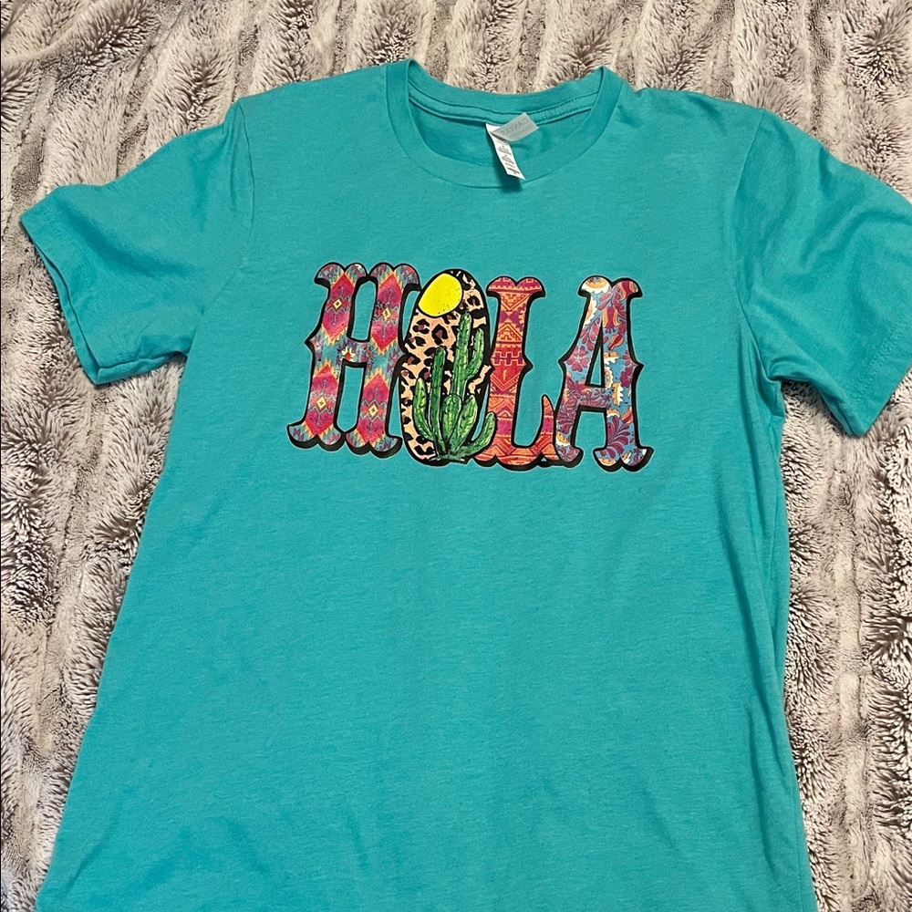 Bella Canvas Teal 'Hola' Graphic Tee new nwot never worn Texas southwest style
